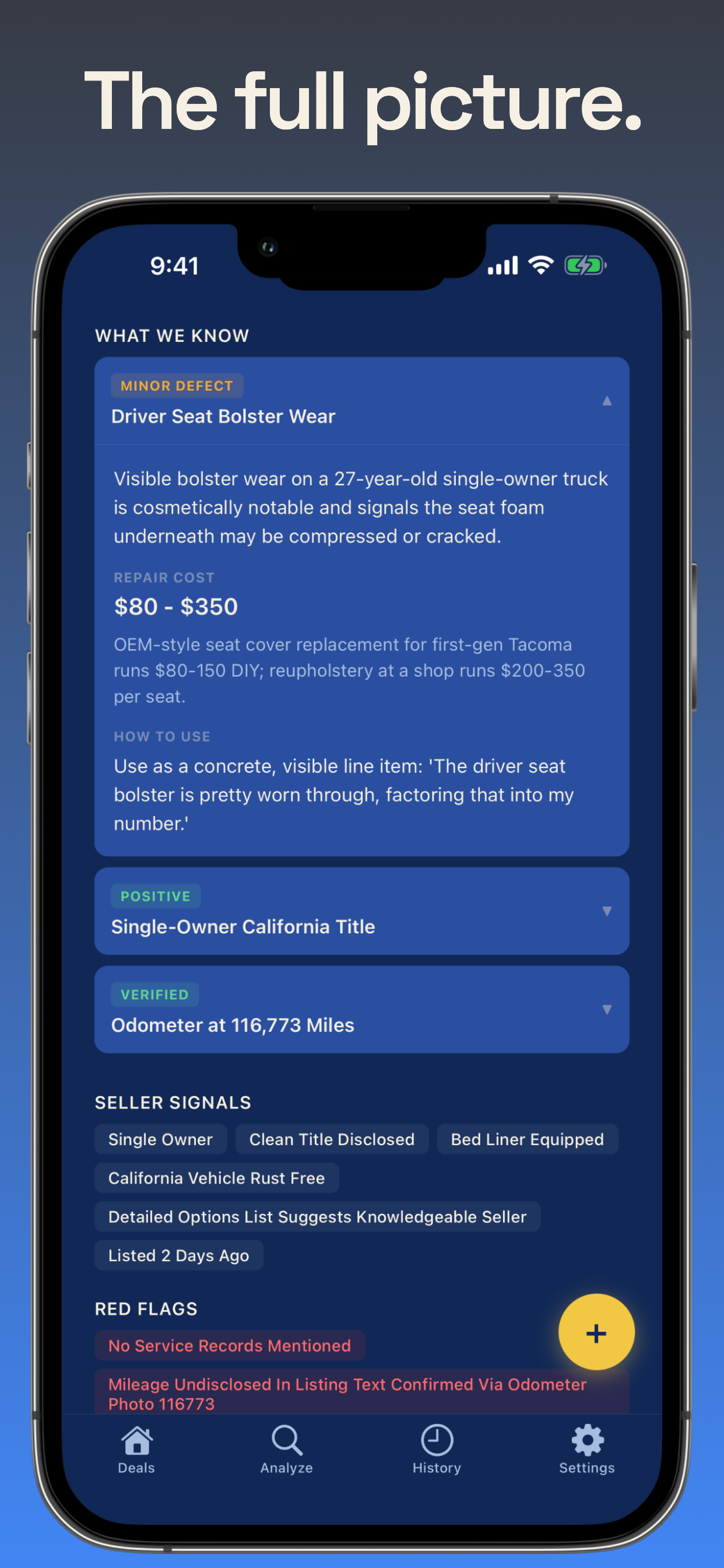 What we know panel with seller signals and context