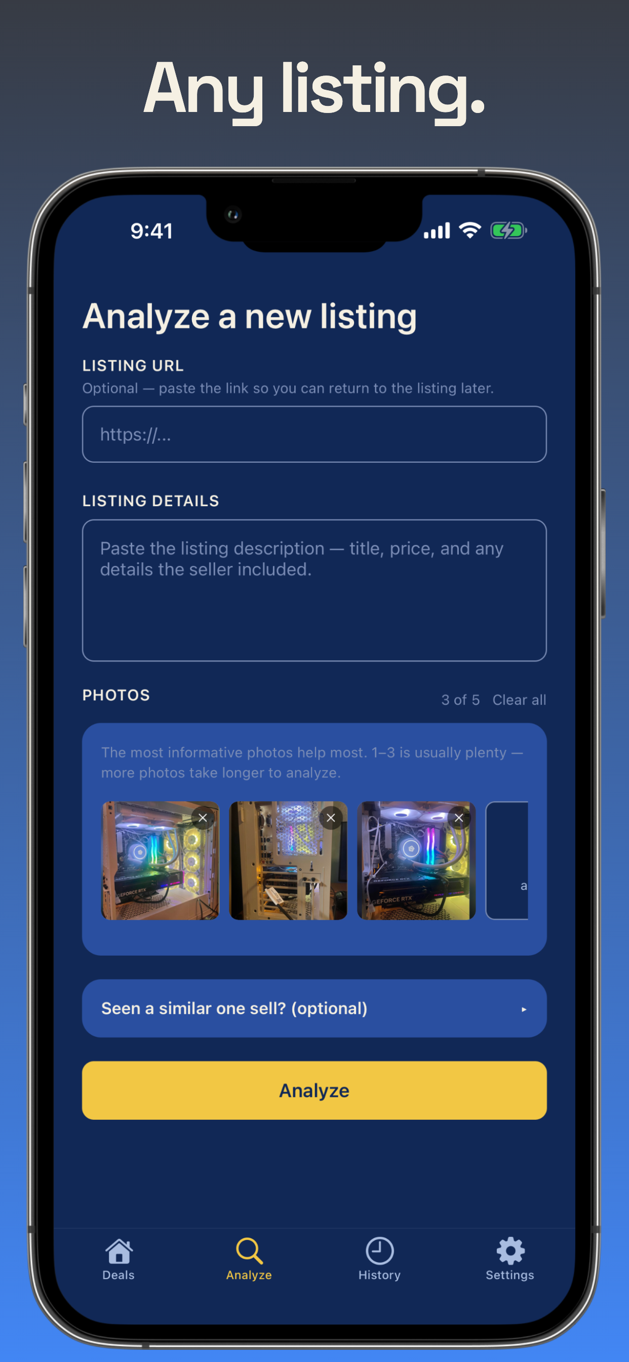 Listing input screen for pasting or uploading a listing