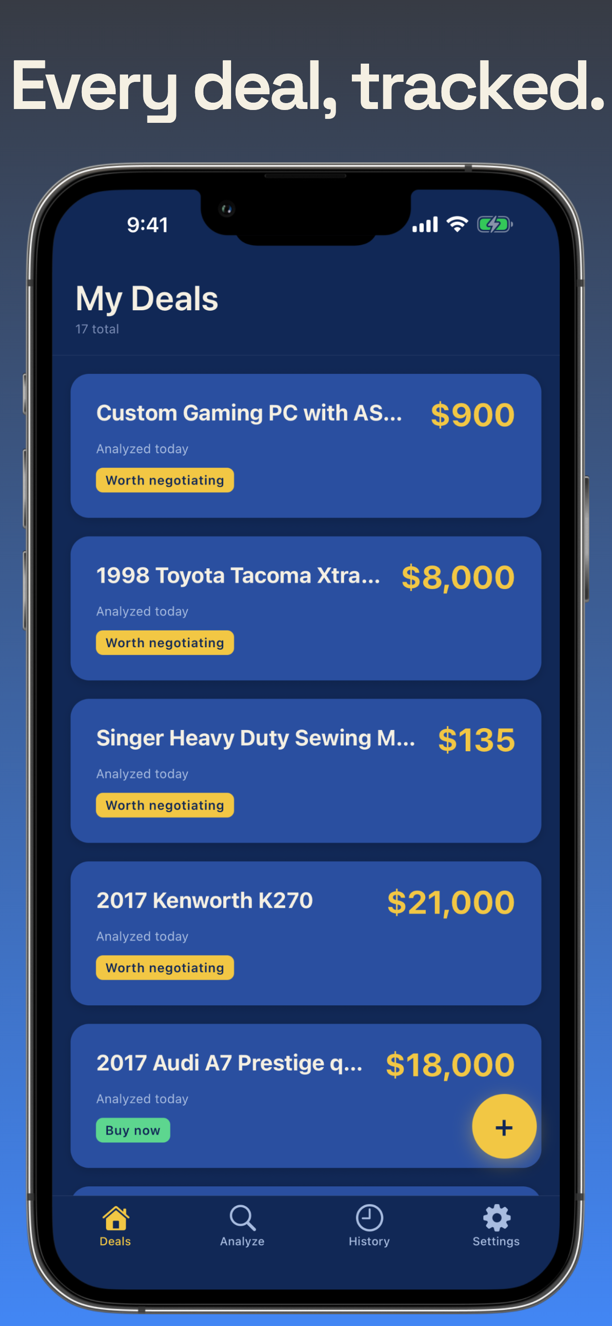 Deals list showing saved analyses